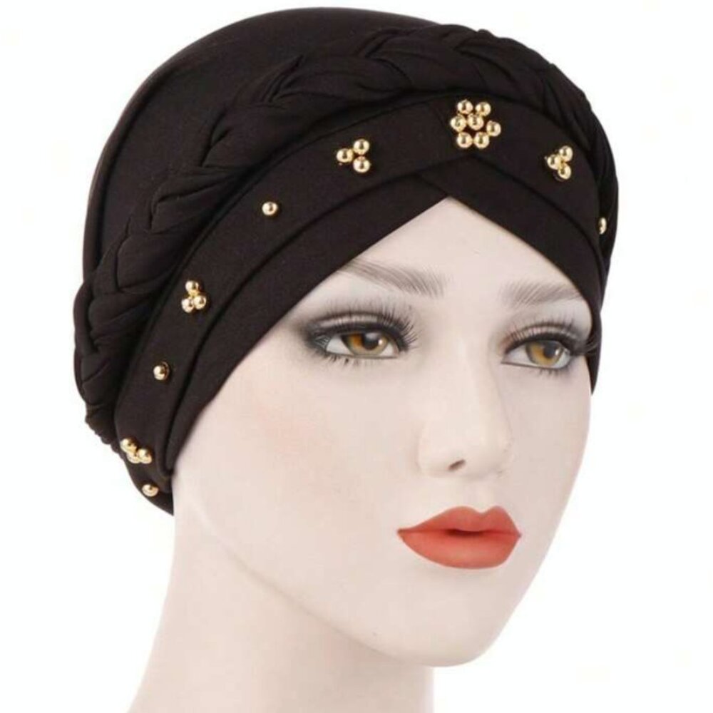 Women's Ladies Braided Beaded Turban Headwrap Head Covering Headscarf Black
